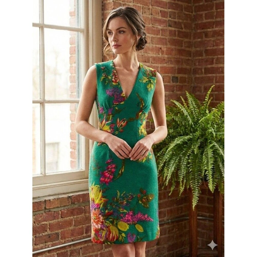 Vintage 90s Paul & Joe Green Wool Wiggle Dress Floral Print Pinup Retro Office M